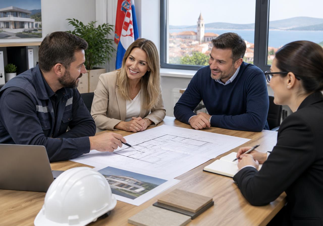 Sastanak tima s klijentima nad nacrtima kuće